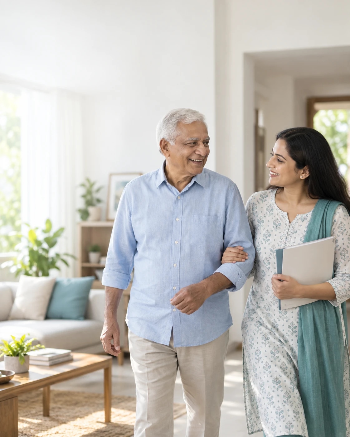 Older adult walking at home beside a family member